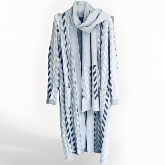 Rachel Zoe Set Scarf & Long Cardigan Open Front Geometric Gray Viscose Size XL - Picture 1 of 14